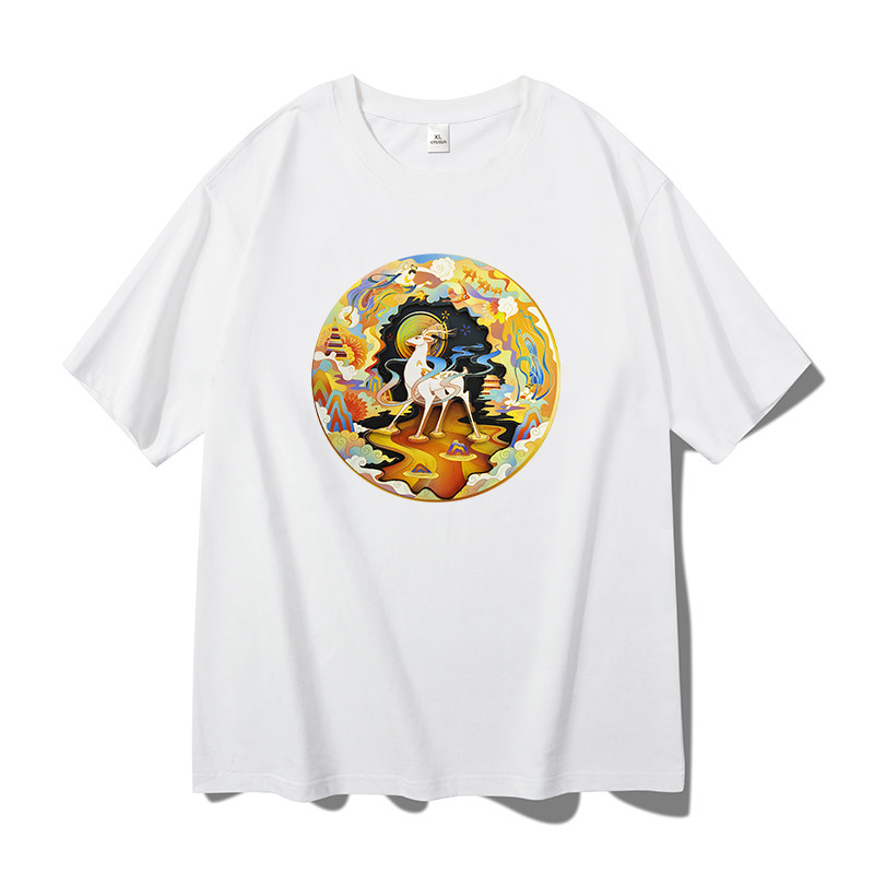 敦煌壁画短袖纯棉上衣九色鹿个性印花青少年衣服2024新款短袖T恤