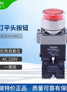 XB2BW施耐德带灯平头按钮XB2BW34M2C红色自复位AC220V带LED灯