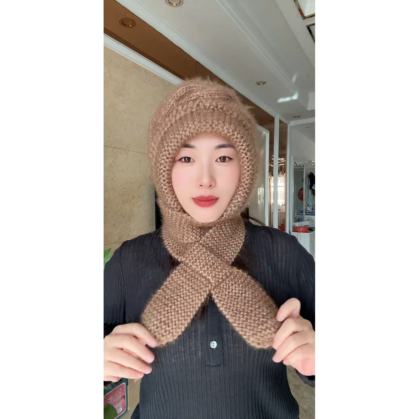 新款纯手工编织棋盘风雪帽帽子网红女士保暖针织围巾加厚秋冬一体