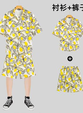 美式潮牌印花套装新款宽松大码 男女装五分袖衬衫2507款一P33元