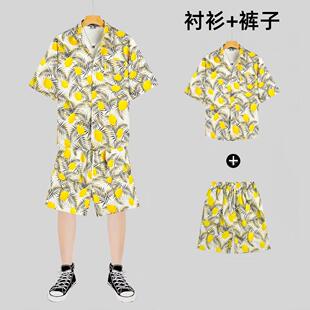 美式潮牌印花套装新款宽松大码 男女装五分袖衬衫2507款一P33元