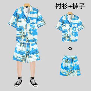 美式潮牌印花套装新款宽松大码 男女装五分袖衬衫2506款一P33元