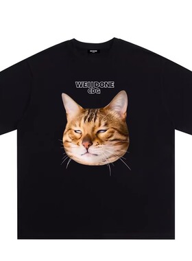 WELLDONE TRACK*26SS美式潮牌搞怪猫咪印花重磅宽松纯棉短袖t恤