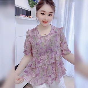 荷叶边碎花短袖雪纺衫上衣女夏季薄款宽松显瘦遮肚子超仙洋气花衫
