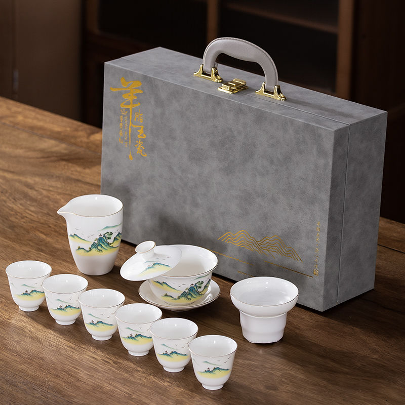 德化羊脂玉白瓷功夫茶具套装手绘描金悬停盖碗茶杯家用整套伴手礼