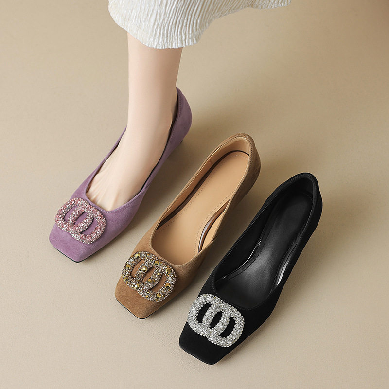 【意大利】Lari Conti ⭐水钻扣 5cm高跟鞋真皮羊翻皮女鞋粗跟