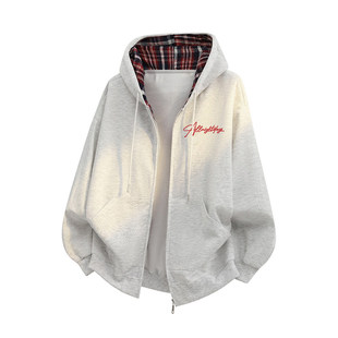 美式复古格纹花体字logo开衫拉链连帽卫衣