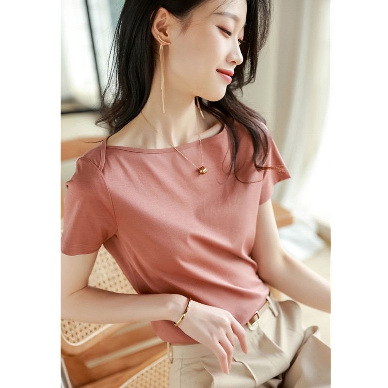 设计感丝光棉一字领真丝上衣2022夏季新款气质显瘦纯棉短袖T恤女