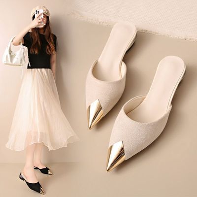 34-44大码女鞋1新款包头拖鞋42外穿洋气尖头41高颜值金属穆勒鞋43