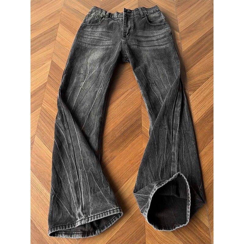 美式高街黑色闪电纹牛仔裤男夏季潮牌水洗做旧弯刀裤直筒微喇长裤