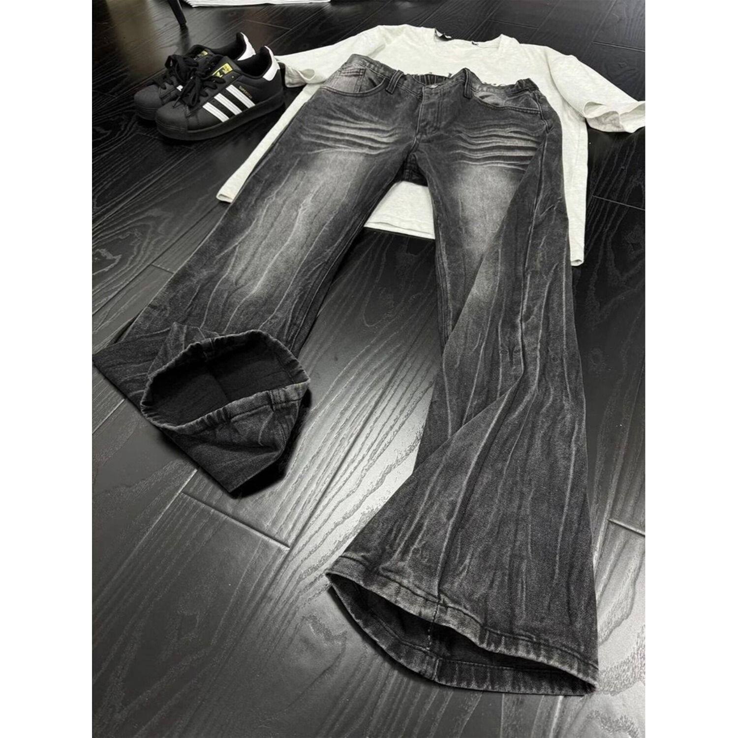 闪电裂纹微喇弯刀水洗牛仔裤男美式cleanfit高街显腿长显瘦直筒裤