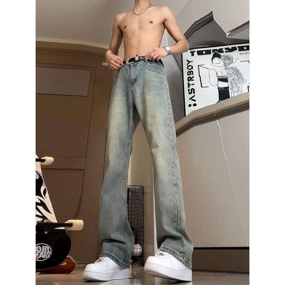 美式高街复古烟灰色微喇牛仔裤男女时尚百搭潮牌修身显瘦直筒长裤