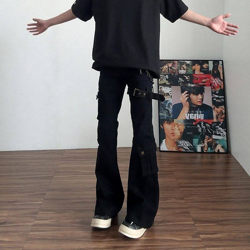 黑色多口袋牛仔裤男宽松直筒工装阔腿长裤显高高级感