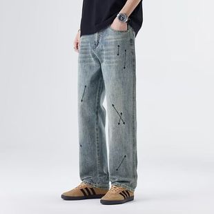 夏季 男士 新款 宽松男裤 子 美式 潮牌痞帅百搭直筒裤 高街刺绣牛仔裤