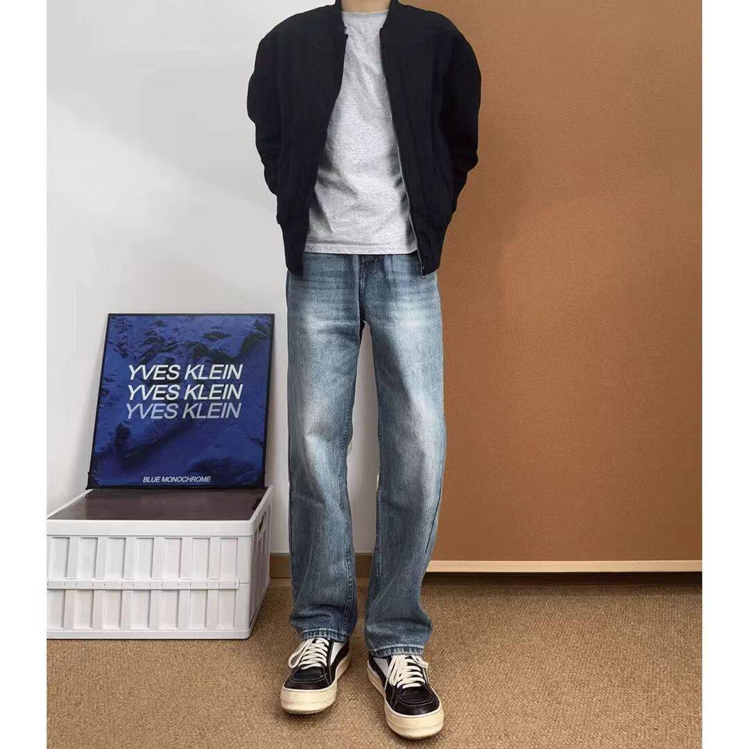 美式vibe风复古蓝修身微喇牛仔裤男女显瘦显高直筒水洗裤子轻奢高