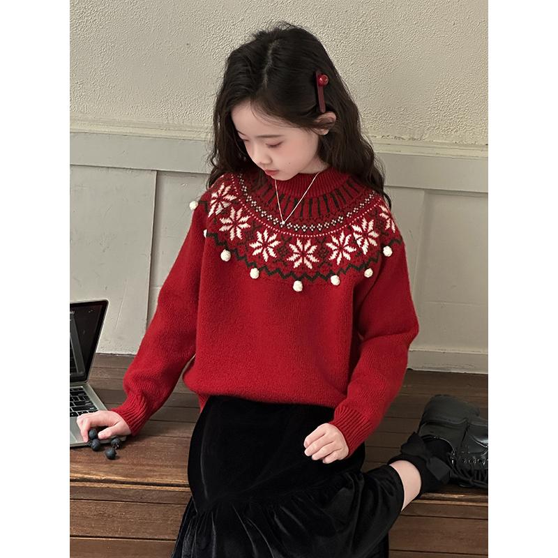 女童毛衣秋装2025新款儿童针织衫新款红色打底衫大童秋冬时尚内搭