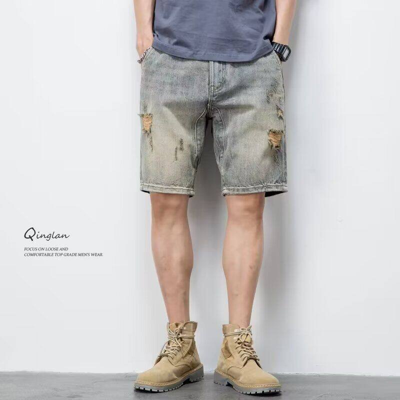 水洗破洞牛仔短裤男夏季薄款中裤美式街头百搭宽松直筒运动五分裤
