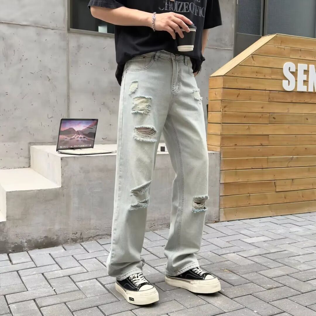 破洞牛仔裤女直筒宽松休闲八分哈伦裤高腰白色七分裤女夏薄款裤子