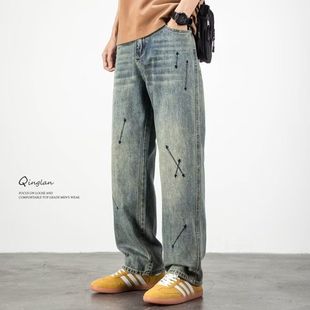 夏季 男士 新款 宽松男裤 子 美式 潮牌痞帅百搭直筒裤 高街刺绣牛仔裤