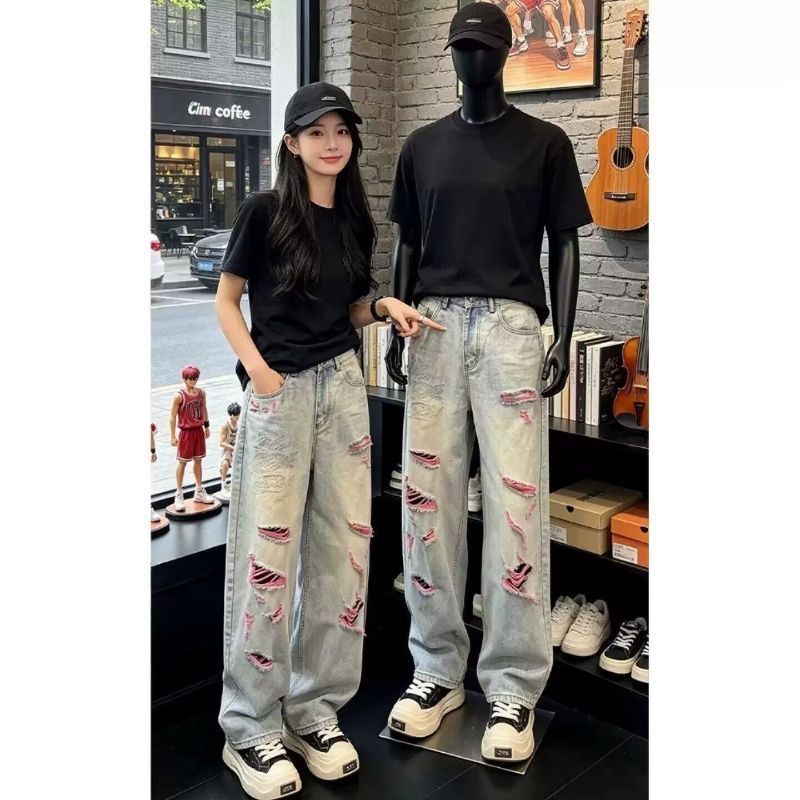 美式复古破洞高腰直筒牛仔裤女夏季辣妹垂感宽松显瘦拖地长裤潮