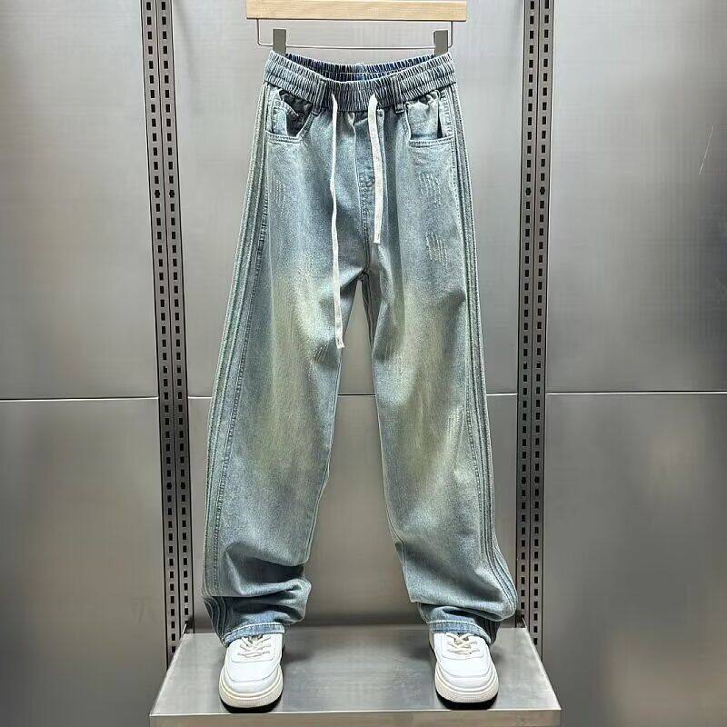 美式高街直筒扎染阔腿牛仔长裤男士复古cleanfit宽松水洗工装裤子