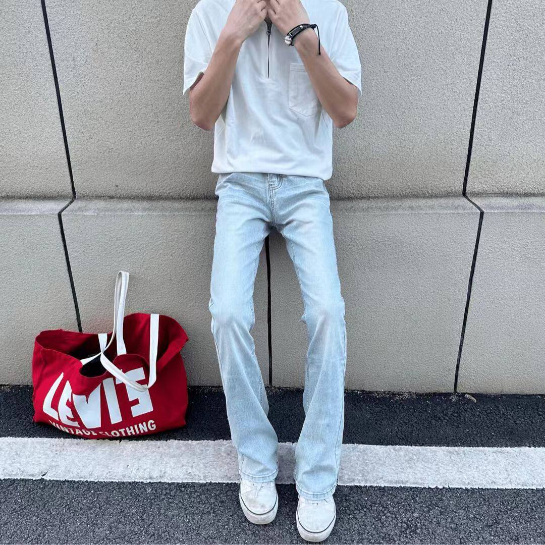 潮牌ins复古轻奢宽松微喇牛仔裤男帅气百搭美式浅色休闲长裤