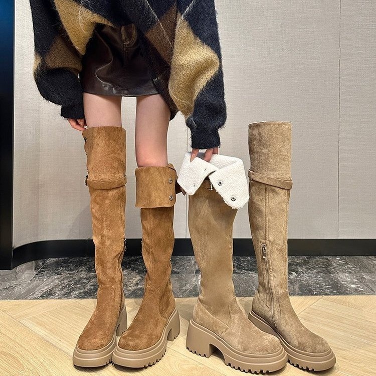 麂皮版~8CM厚底过膝长靴女2026秋冬美拉德两穿翻折小个子长筒靴子