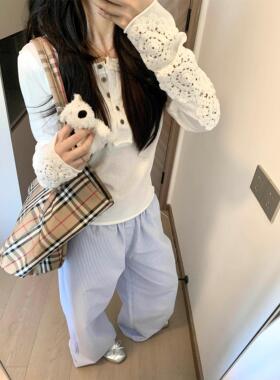 早秋季白色蕾丝镂空刺绣亨利领长袖t恤女装2025新款宽松罩衫上