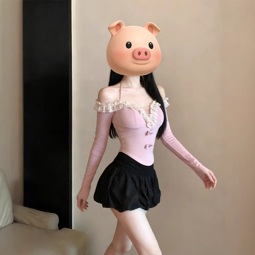 辣妹纯欲蝴蝶结蕾丝拼接