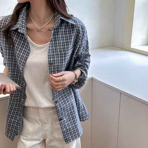 韩系蓝色格子衬衫外套女