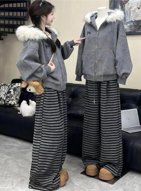 美式覆古毛领毛呢外套女2025秋冬新款慵懒感加厚宽松连帽灰色卫衣