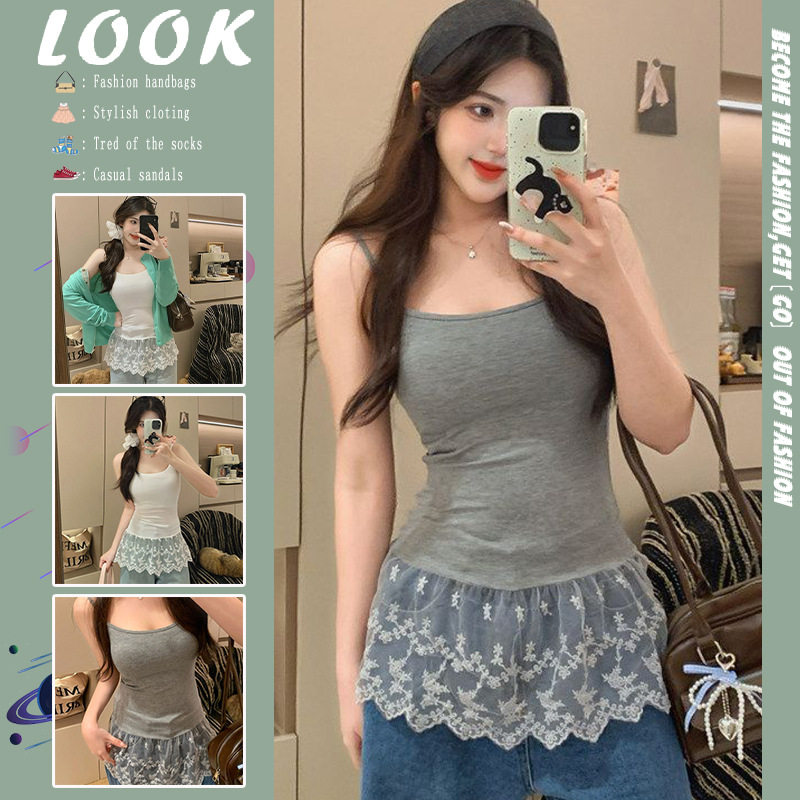 甜美纯欲风下摆蕾丝拼接叠穿吊带背心女夏季新款百搭带胸垫打底衫