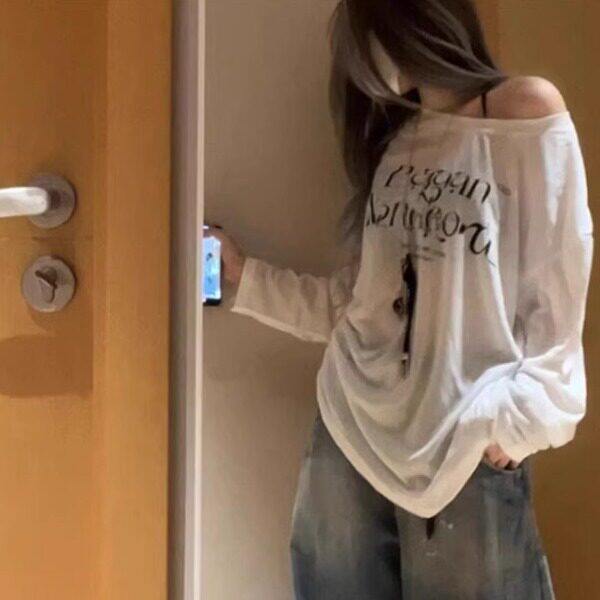 韩系宽松慵懒风白色微透斜肩防晒罩衫T恤女夏季chic高级感上衣潮