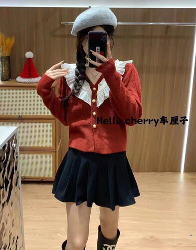 花边拼接长袖针织衫新款短款法式上衣毛衣开衫外套