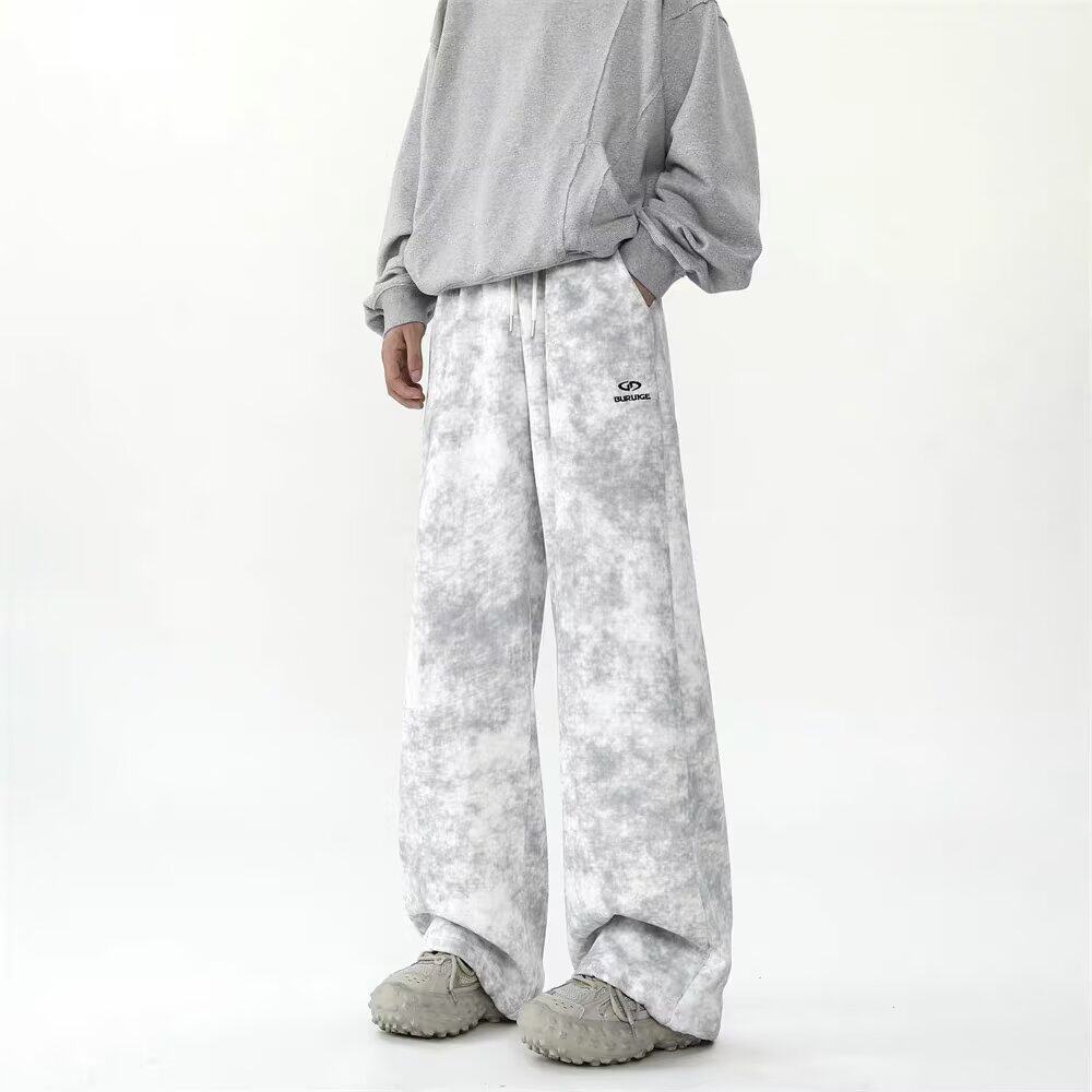 美式高街扎染脏脏裤男宽松直筒阔腿运动卫裤秋季潮牌痞帅休闲裤子