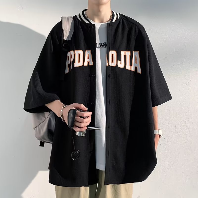 美式嘻哈棒球领短袖衬衫男