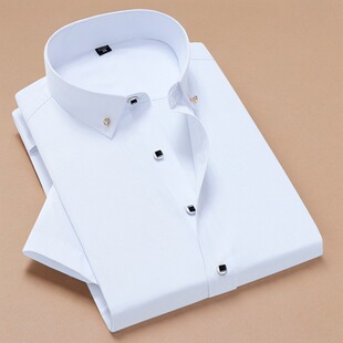 短袖 棉质韩版 衬衫 修身 潮流职业商务休闲 纯色薄款 白色钻扣衬衣男士