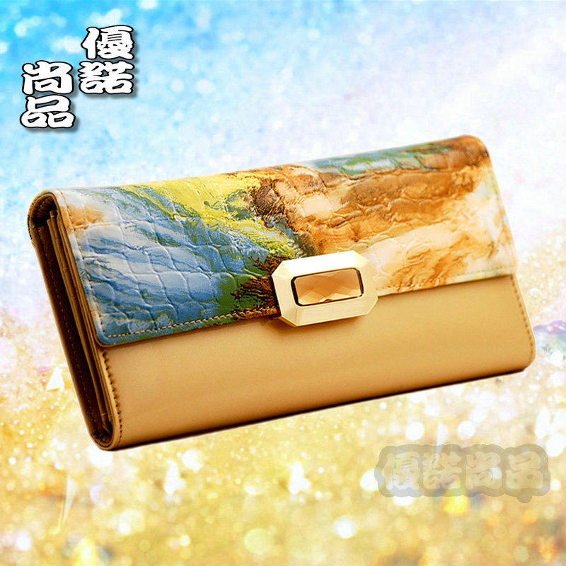 店铺冲钻包邮女款浅黄色炫彩时尚女士长款真皮钱包手拿包