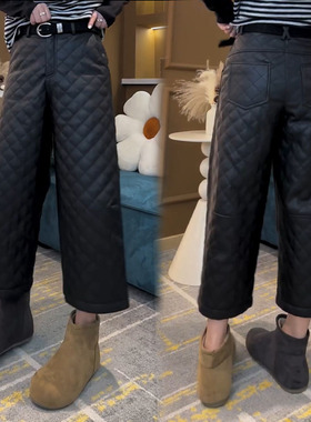 十三行里安冬季新款宽松显瘦高腰休闲裤外穿菱形格加厚九分皮裤女