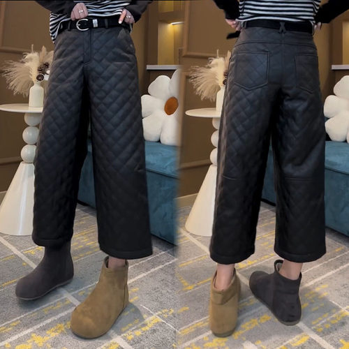 十三行里安冬季新款宽松显瘦高腰休闲裤外穿菱形格加厚九分皮裤女