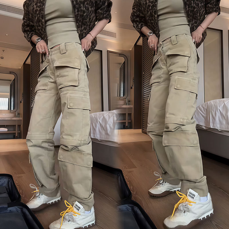 欧洲站2026春新款欧货休闲裤卡其色工装裤口袋设计洋气牛仔裤女潮