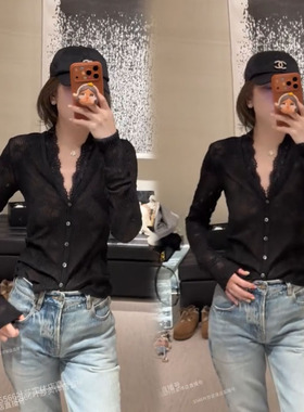 欧洲站2026早春新款5566叶莎同款法式蕾丝衫镂空长袖气质开衫上衣