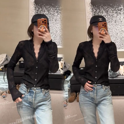 欧洲站2026早春新款5566叶莎同款法式蕾丝衫镂空长袖气质开衫上衣