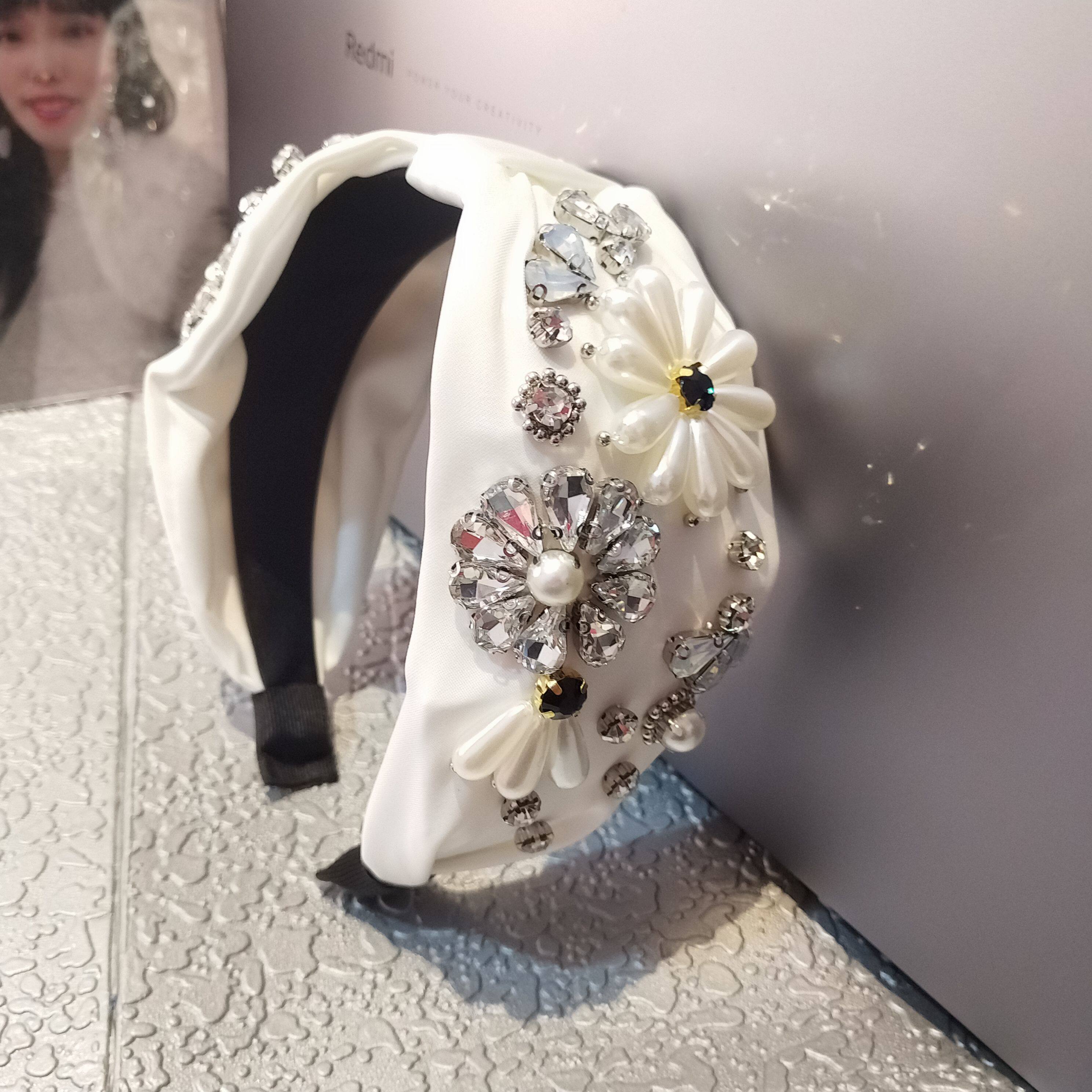 复古风手缝珍珠花发箍民族风布艺发卡宽边压发镶钻水晶头箍女气质