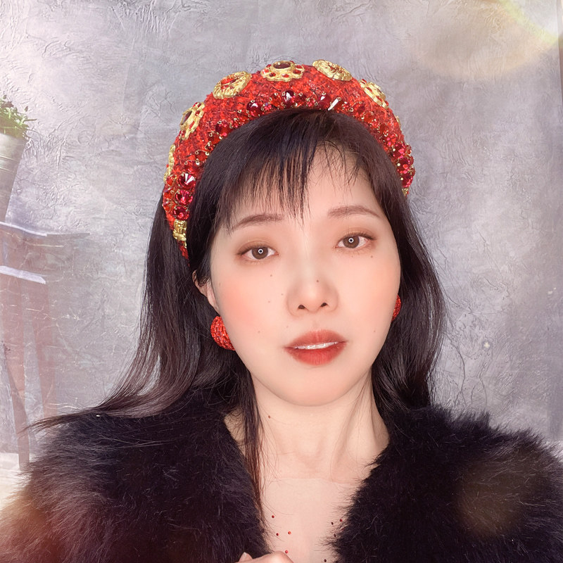 发卡高颅顶宫廷手工红色镶钻头箍