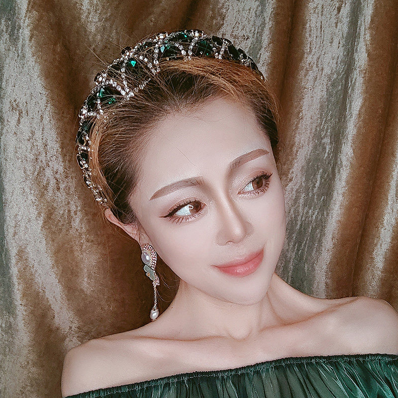 椭圆头箍水晶宫廷绿色发卡带齿