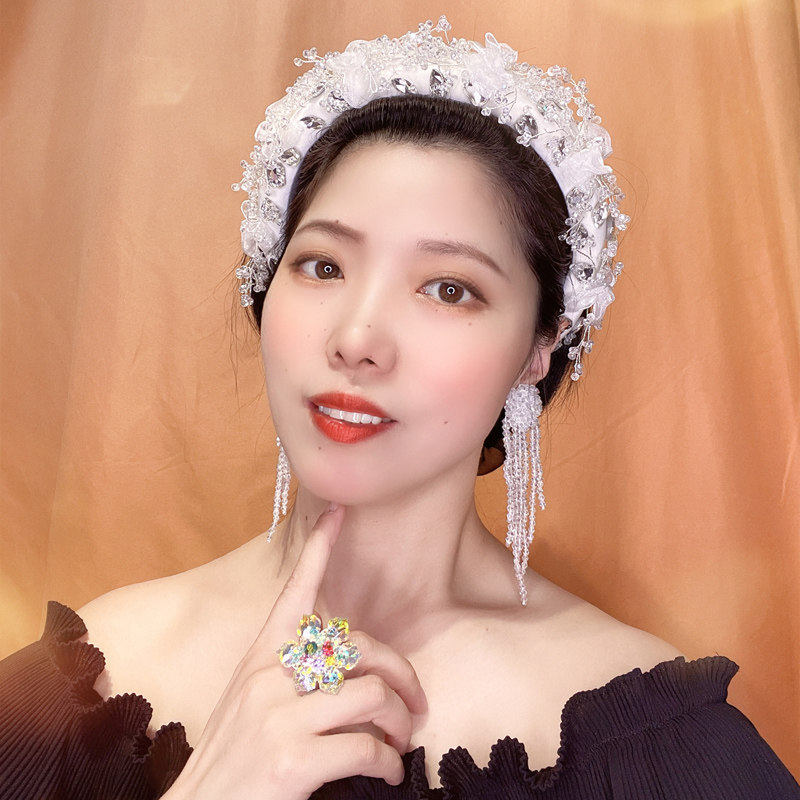 原创白色水晶串珠发箍高颅顶带齿