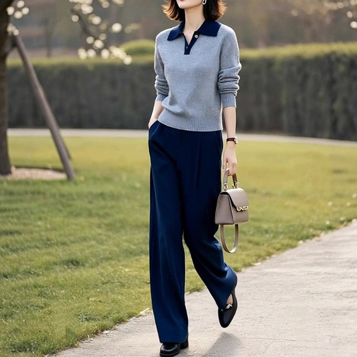 素雅订制女装原创品牌新款时尚洋气POLO领针织衫直筒裤两件套秋季
