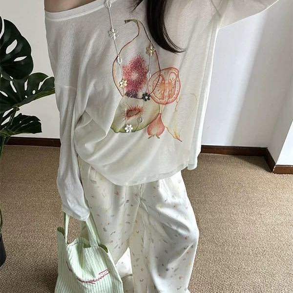 慵懒风防晒罩衫女夏季水果印花宽松休闲微透长袖t恤chic韩系上衣