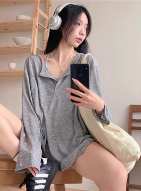 慵懒风灰色纽扣长袖薄款T恤女新款夏季宽松防晒罩衫跳舞内搭上衣